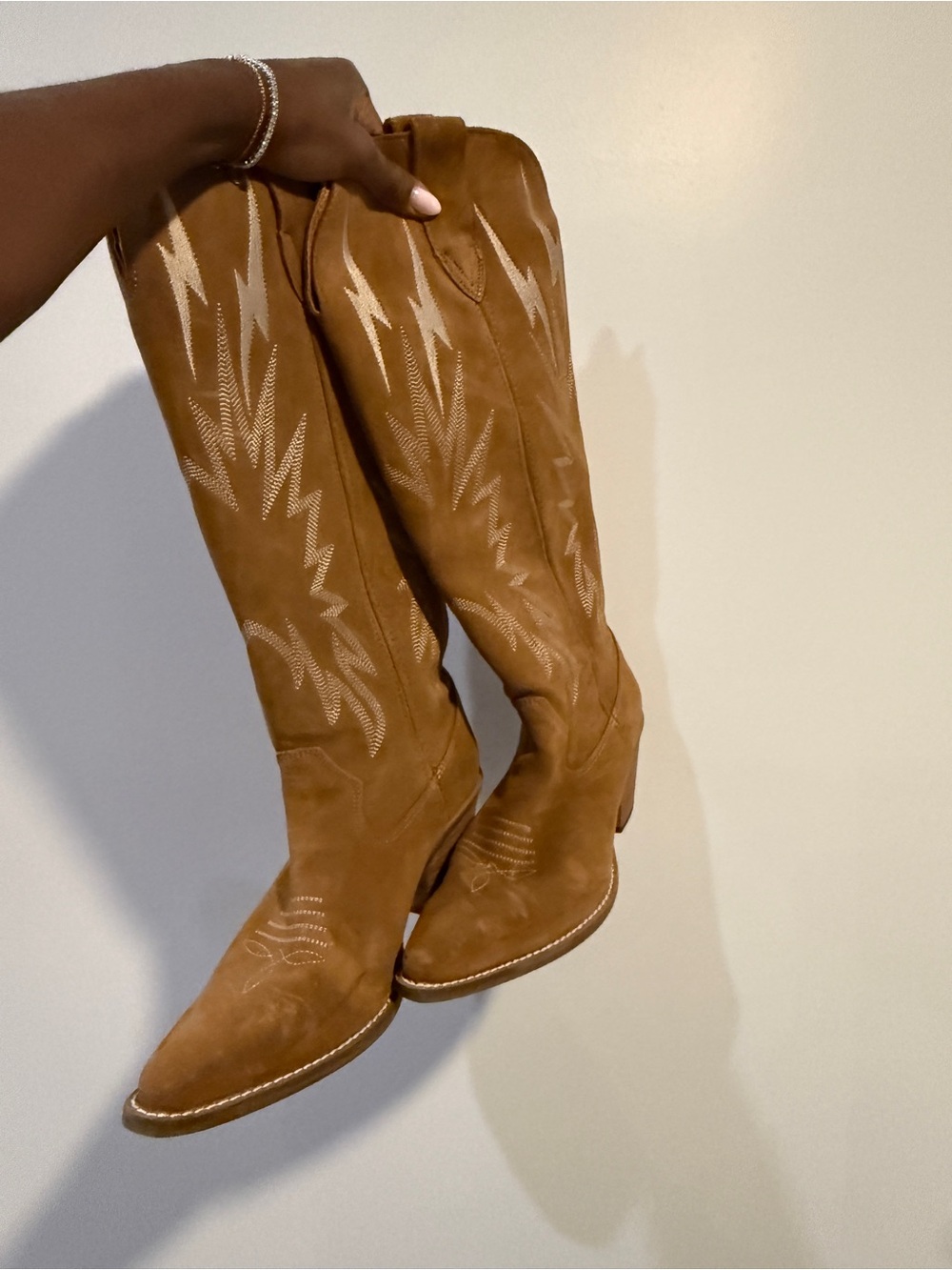 dingo Tan Suede Western Knee-High Heeled Boots - Picture 2 of 7